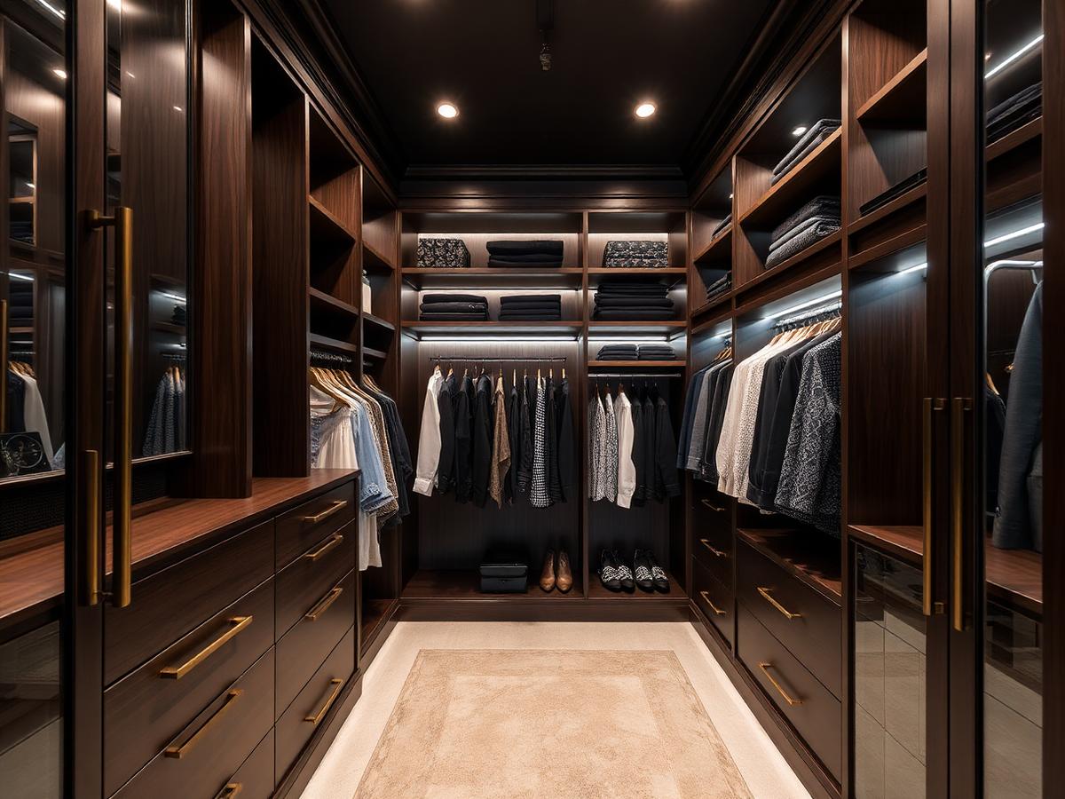 Walk-in closet ejecutivo en nogal americano con iluminación LED integrada